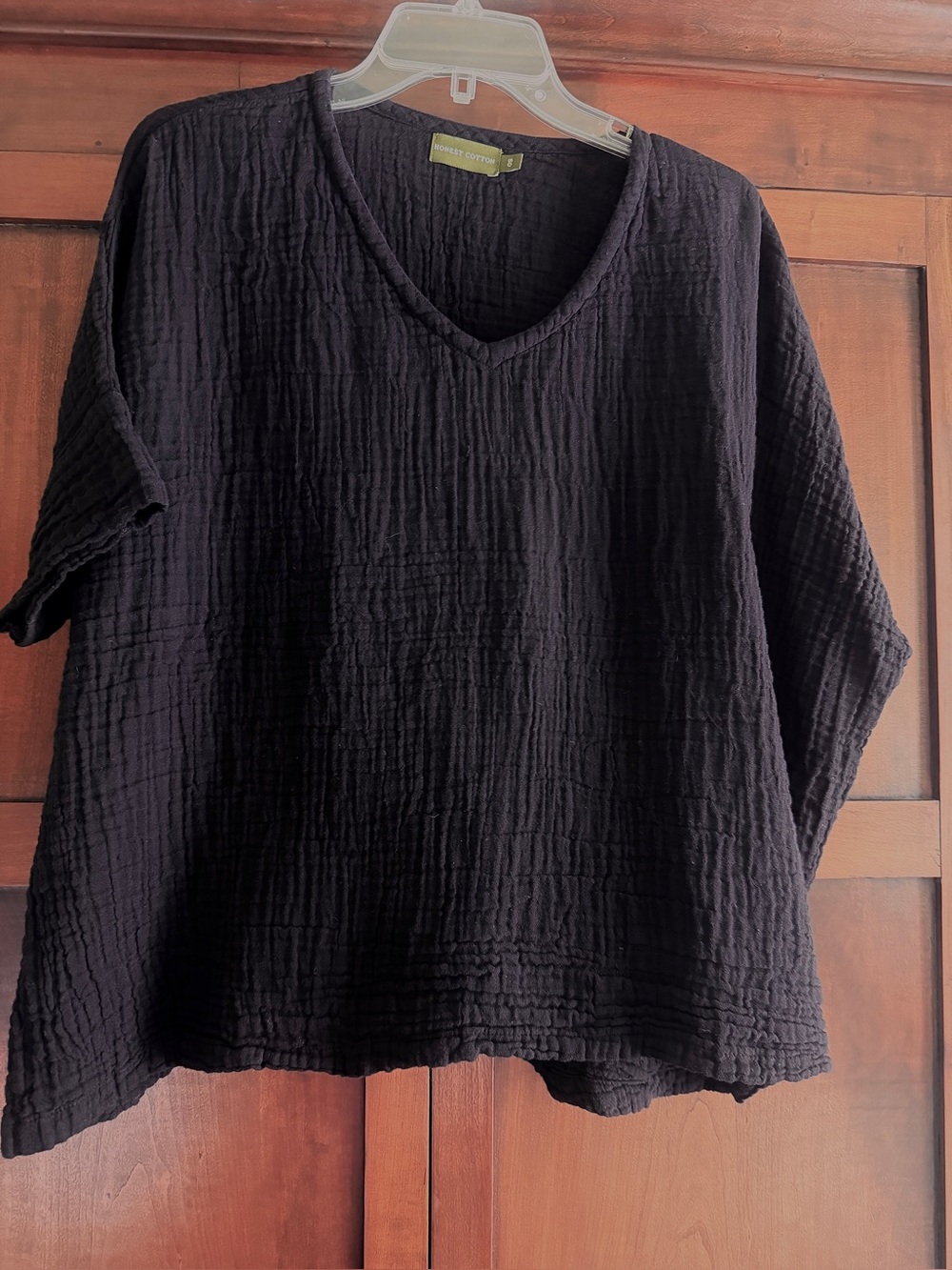 Honest Cotton One Size Boxy Gauze Top 100% Cotton V Neck Short Sleeves Black